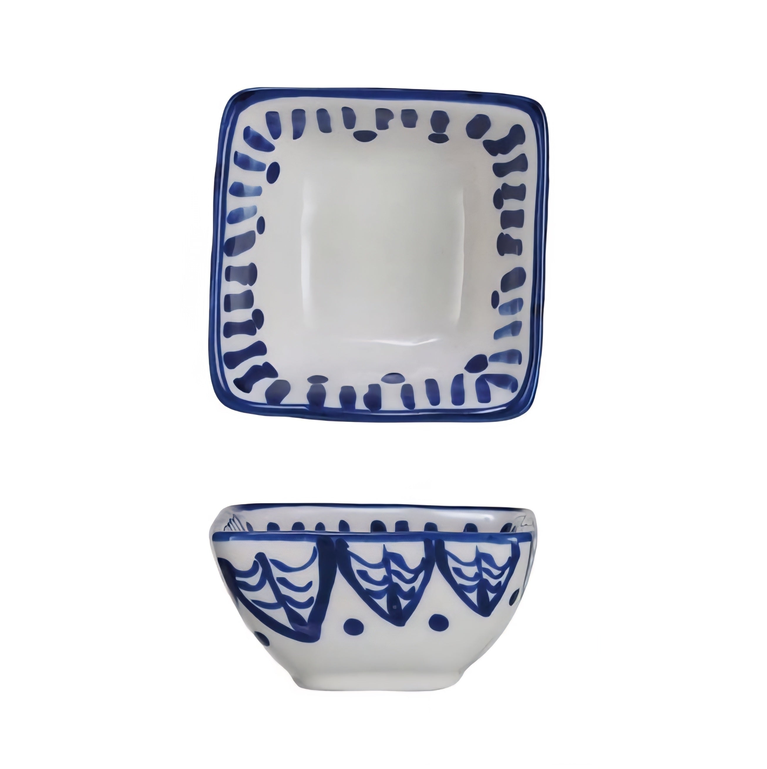 Ceramic serving dish and bowl with blue decorative patterns on a white background