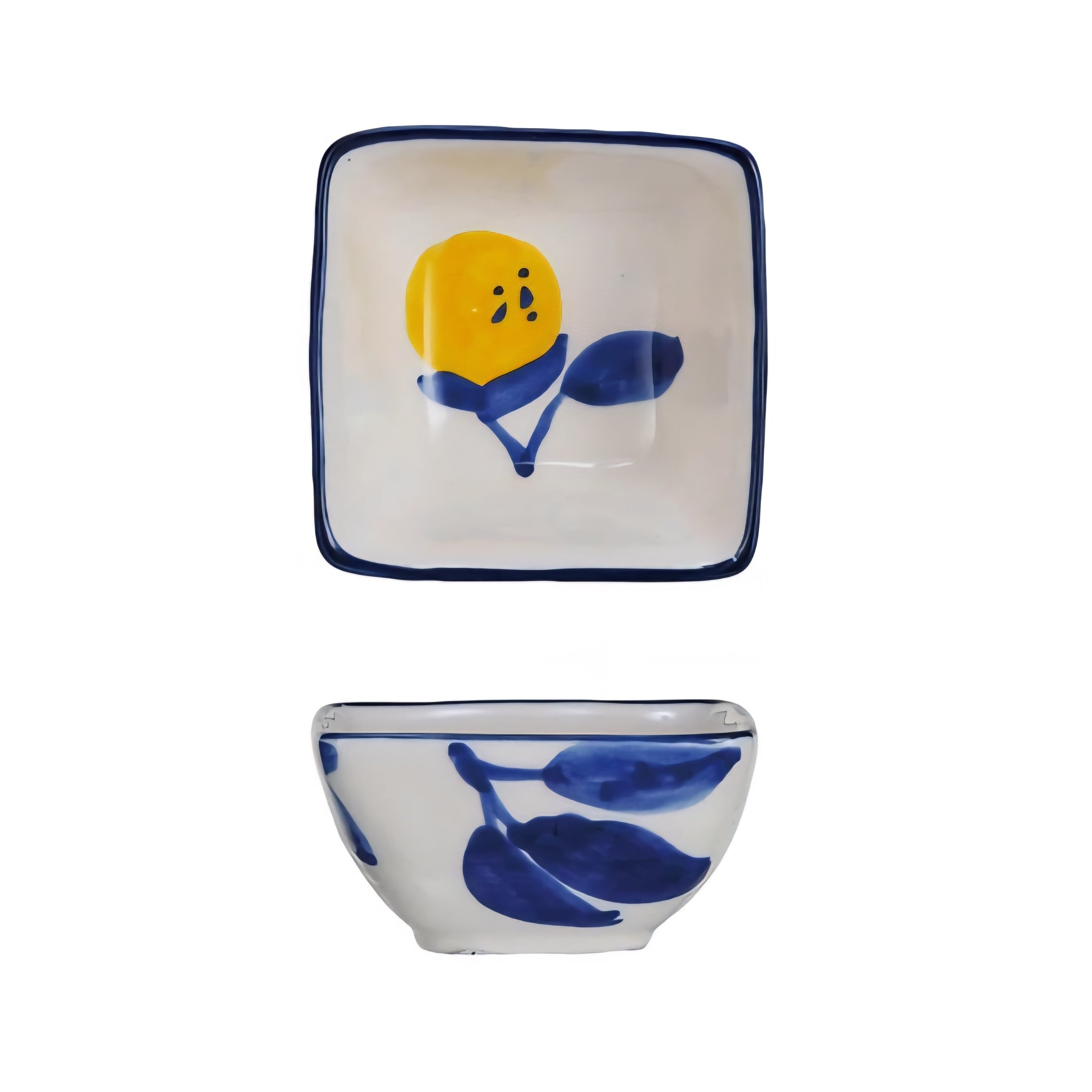Ceramic dish set with lemon design on a white background