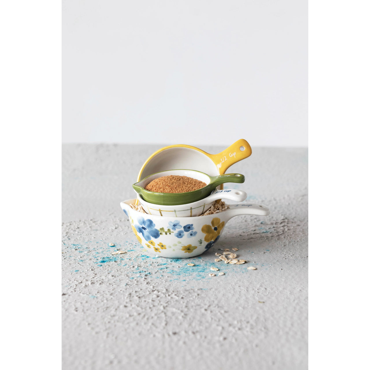 Hand-Painted Stoneware Measuring Cups with Patterns (Set of 4)