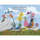 A colorful birthday card featuring a whimsical illustration of various birds with flower nests on their heads, set against a blue sky background. The card has a 'Happy Birthday' message and includes an off-white envelope.