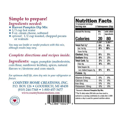 Nutrition facts label and ingredients list for a product from Country Home Creations on a white background.
