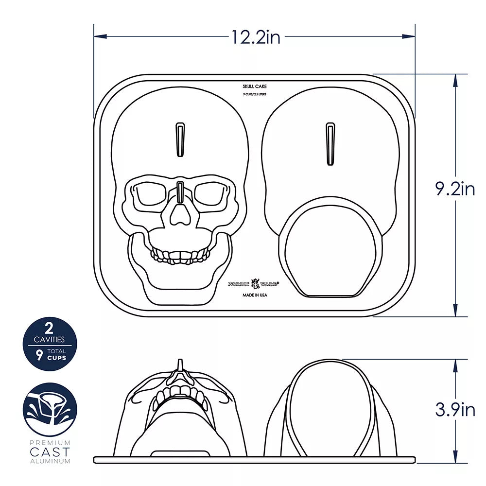 Technical drawing of a skull-shaped cake mold with dimensions and features labeled.