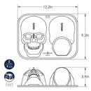Technical drawing of a skull-shaped cake mold with dimensions and features labeled.