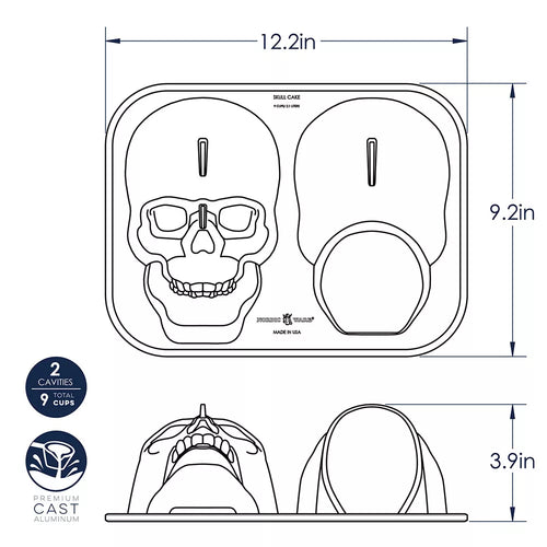 Technical drawing of a skull-shaped cake mold with dimensions and features labeled.