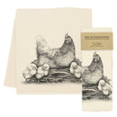 Tea towel with illustration of a mother hen and chicks, brand 'Eric & Christopher' visible