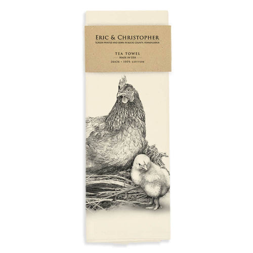 Tea towel with illustration of a hen and chick on a white background