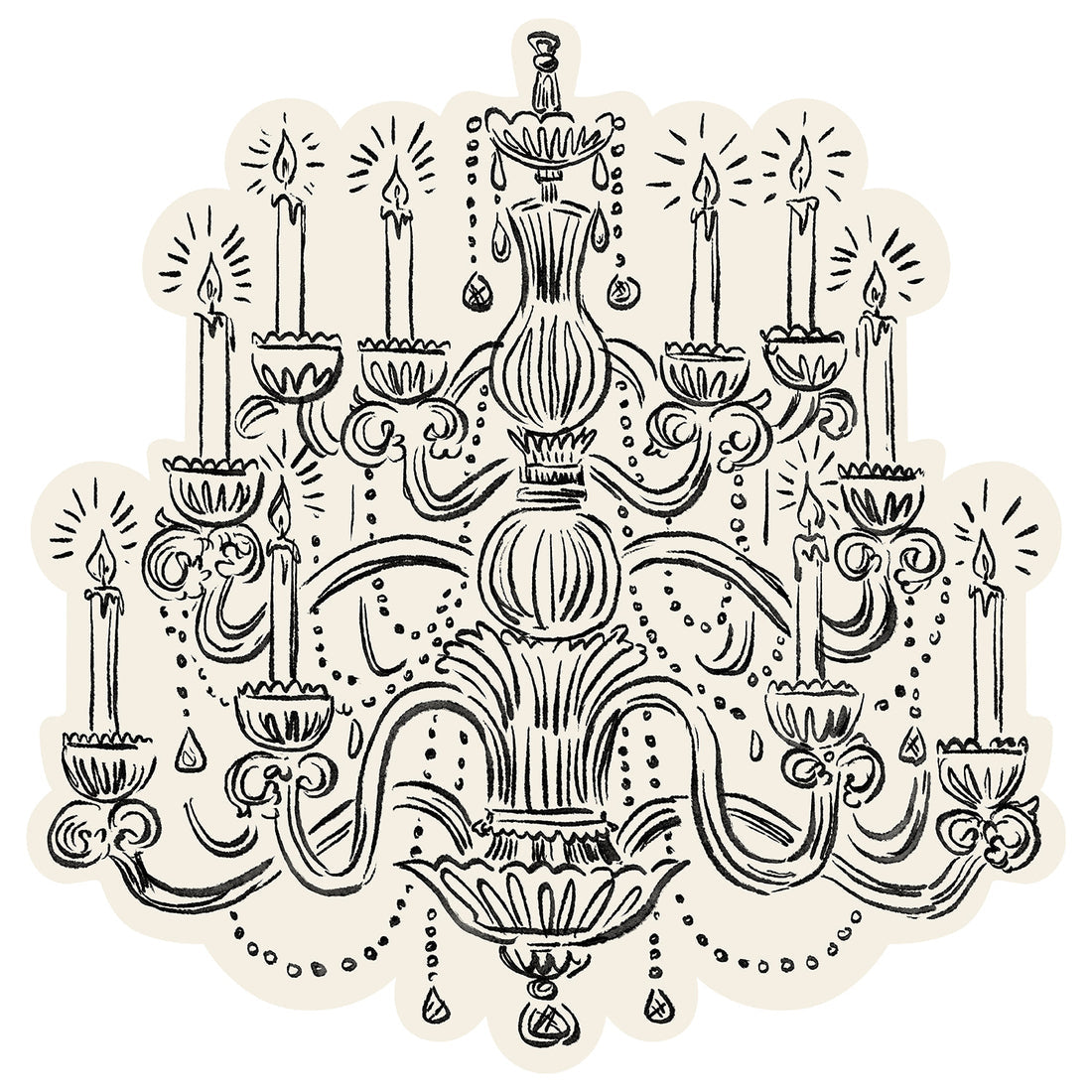 Decorative black and white chandelier illustration placemat on a white background