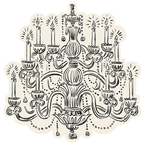 Decorative black and white chandelier illustration placemat on a white background