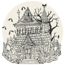 Illustration of a haunted house with bats and trees as a placemat on a white background.