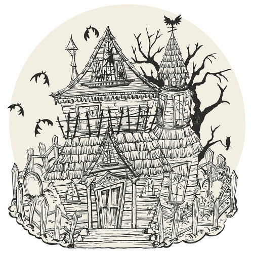 Illustration of a haunted house with bats and trees as a placemat on a white background.