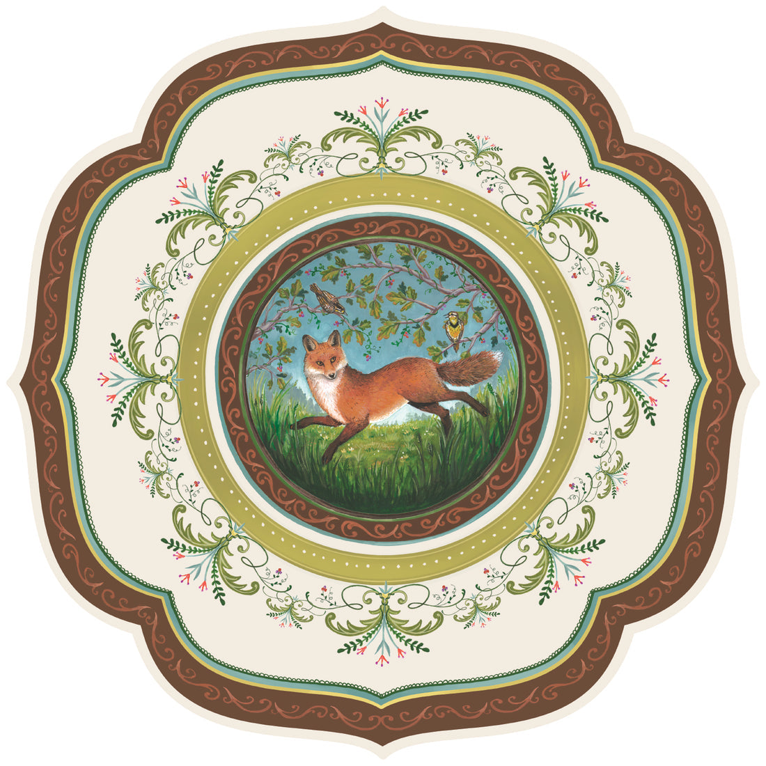 Decorative placemat with a fox illustration and intricate border on a white background