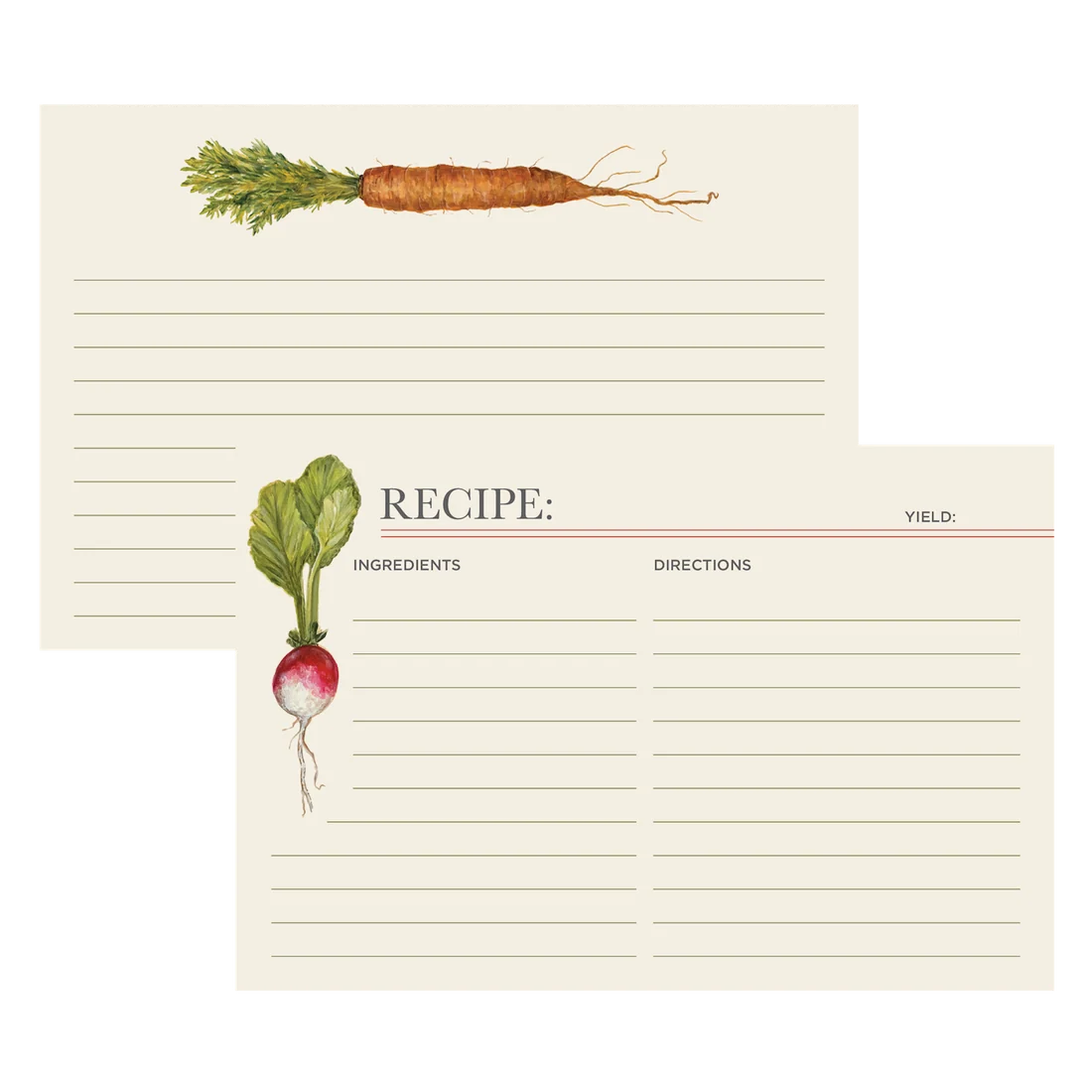 Two recipe cards, one with a carrot at the top and another with a radish on the side.