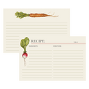 Two recipe cards, one with a carrot at the top and another with a radish on the side.