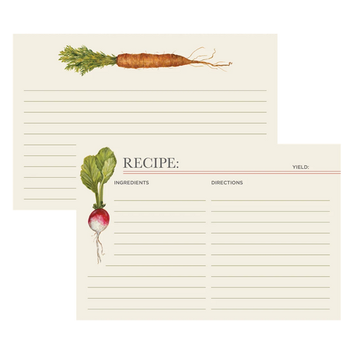 Two recipe cards, one with a carrot at the top and another with a radish on the side.