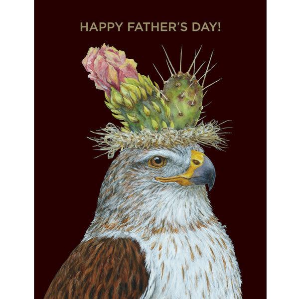 Greeting card featuring artwork of a hawk with a cactus-like crown on top, with 'Happy Father's Day!' text.