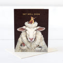 A get well soon card featuring an illustration of a sheep with a female cardinal, grossbeak, and hummingbird nesting in its wool on a white background.