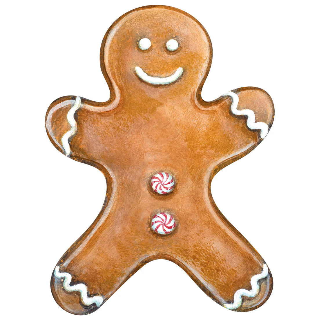 Gingerbread man cookie with a smiley face on a white background