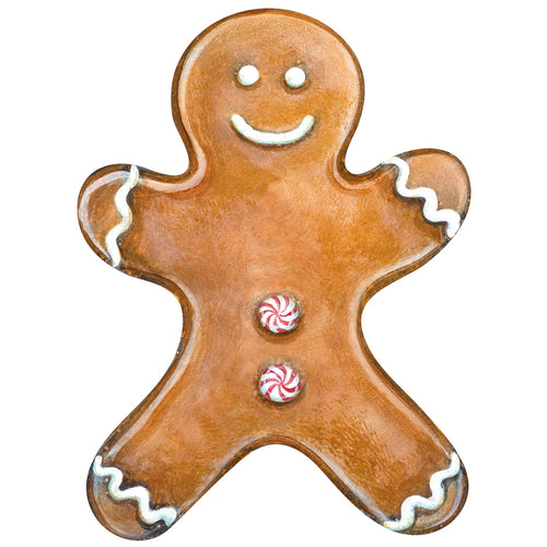 Gingerbread man cookie with a smiley face on a white background