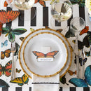 A place setting with butterfly placemat, name card, and black and white striped table runner.
