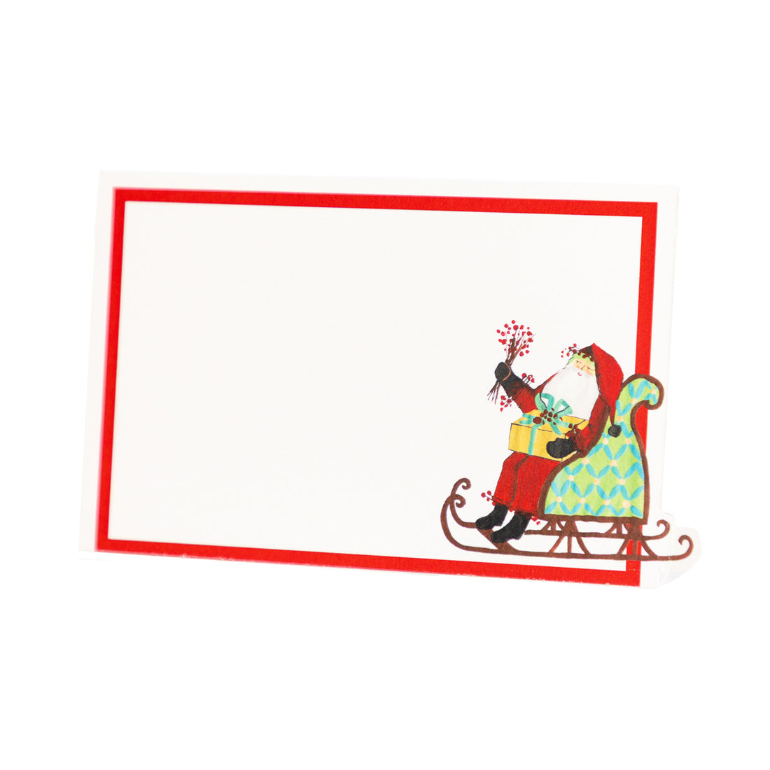 Illustration of Santa Claus on a sleigh with a red border on a place card.