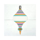 A colorful striped table accent in the shape of a Christmas ornament.
