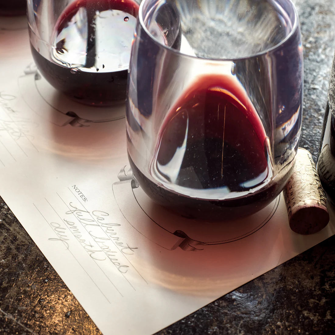 Glass of wine on a tasting paper.