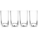 Four clear glass tumblers on a white background