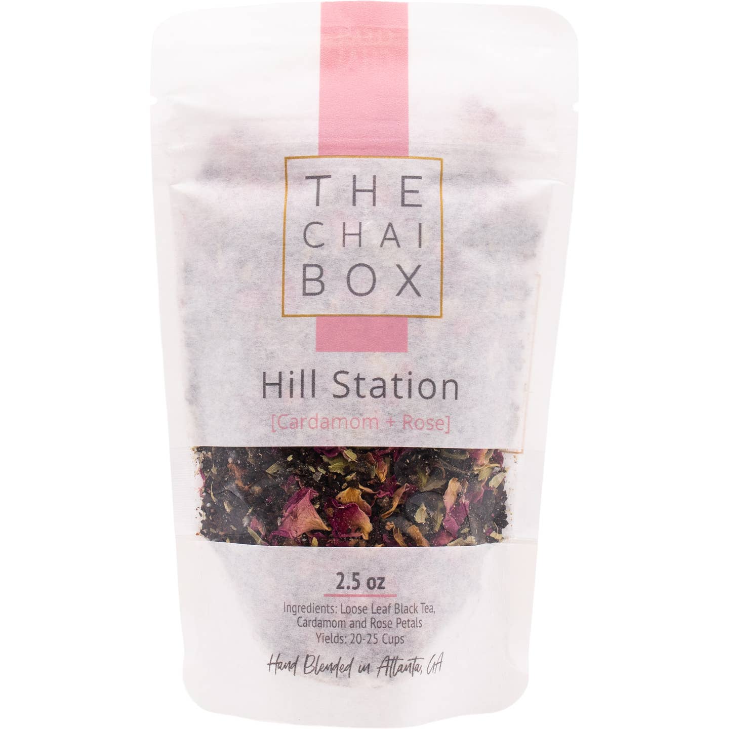 Tea package from 'The Chai Box' with visible ingredients on a white background