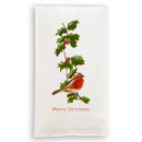A dish towel with an illustration of a bird and holly with 'merry christmas' on a white background.