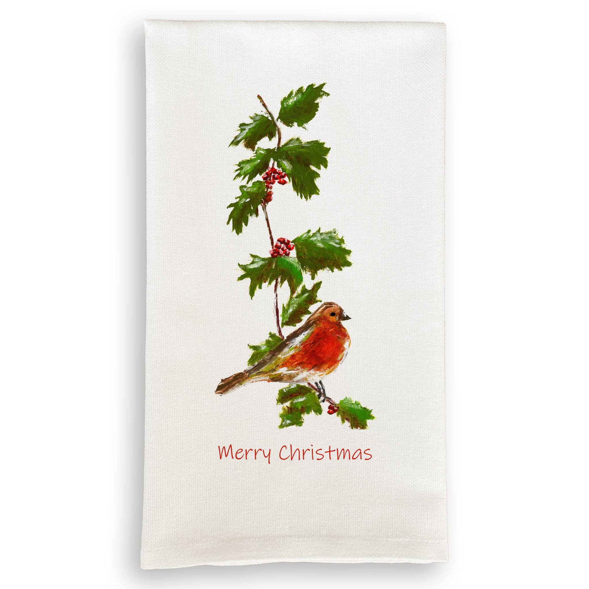 A dish towel with an illustration of a bird and holly with 'merry christmas' on a white background.