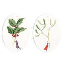 Gift tags featuring people holding mistletoe on one side and holly on the other.