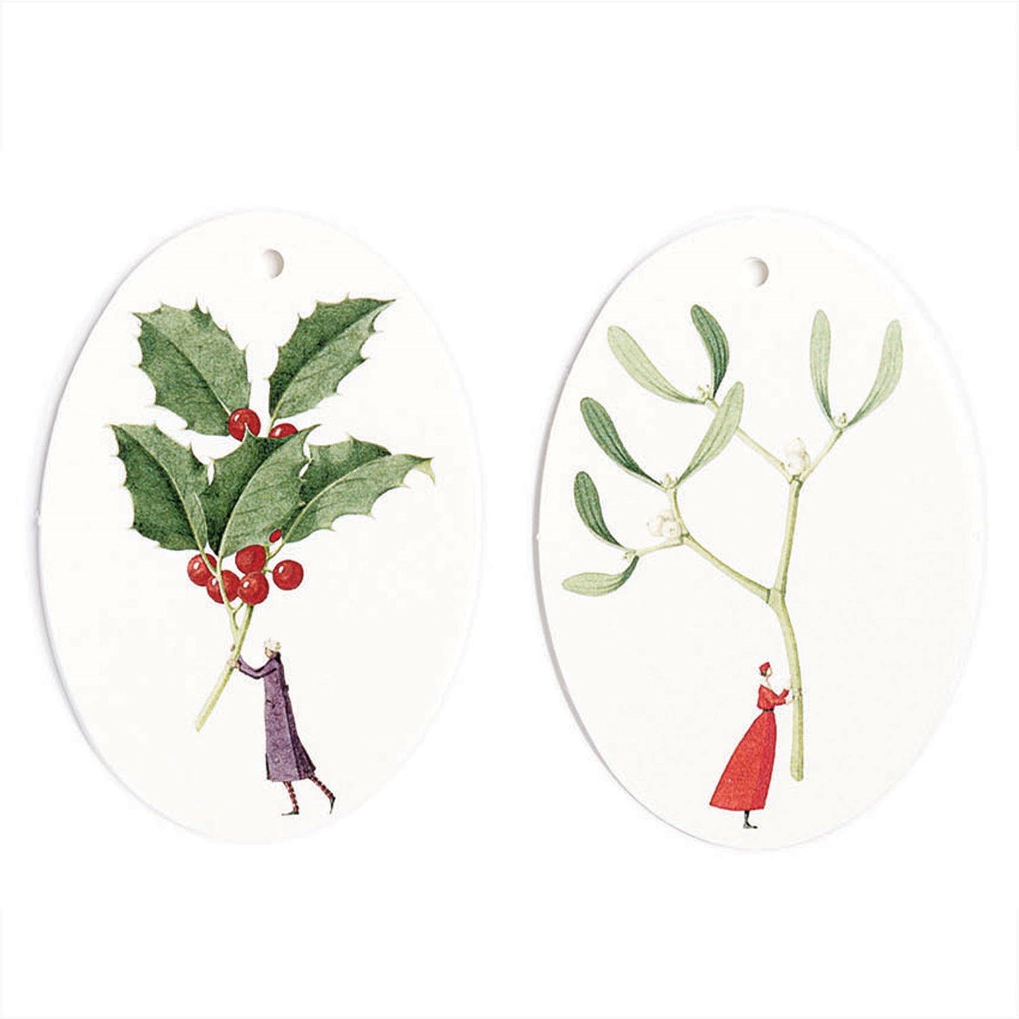 Gift tags featuring people holding mistletoe on one side and holly on the other.