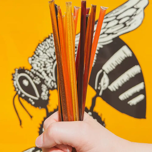 Hand holding a bundle of colorful honey sticks against a yellow background with a honey bee design.