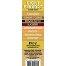 Label with eight flavor options on a yellow background