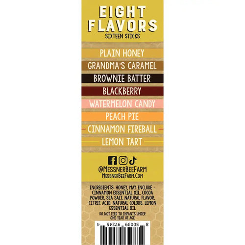 Label with eight flavor options on a yellow background