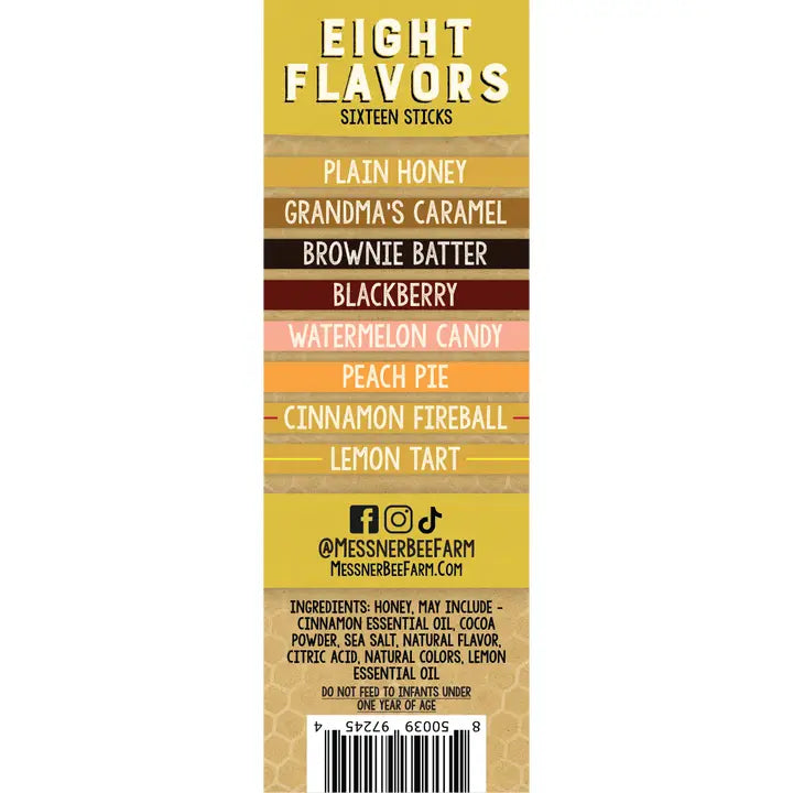 Label with eight flavor options on a yellow background