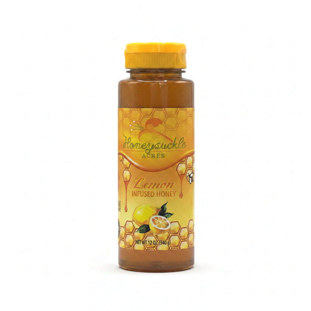 Jar of Honeysuckle Acres Lemon Infused Honey on a white background