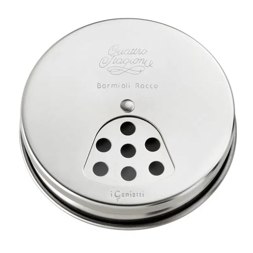 A shaker lid for a jar with 'Quattro Stagioni' in script and 'Bormioli Rocco' text on the stainless steel.