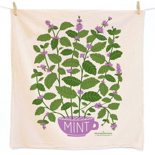 Tea towel with mint plant design and 'Mint' text on a white background