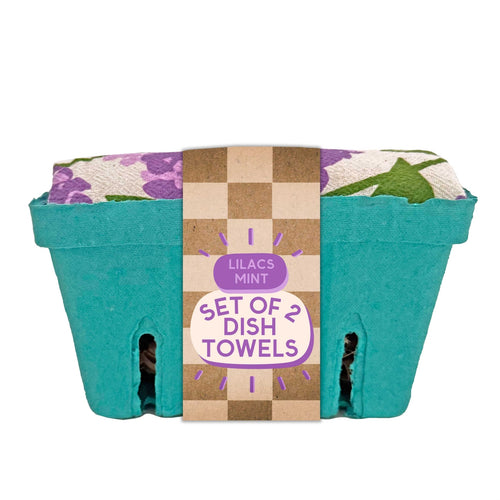Set of dish towels in a decorative container with a checkered pattern and floral design.