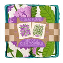 Set of 2 dish towels with floral patterns in packaging, featuring 'I Lilac Purple' and 'Mint' text.