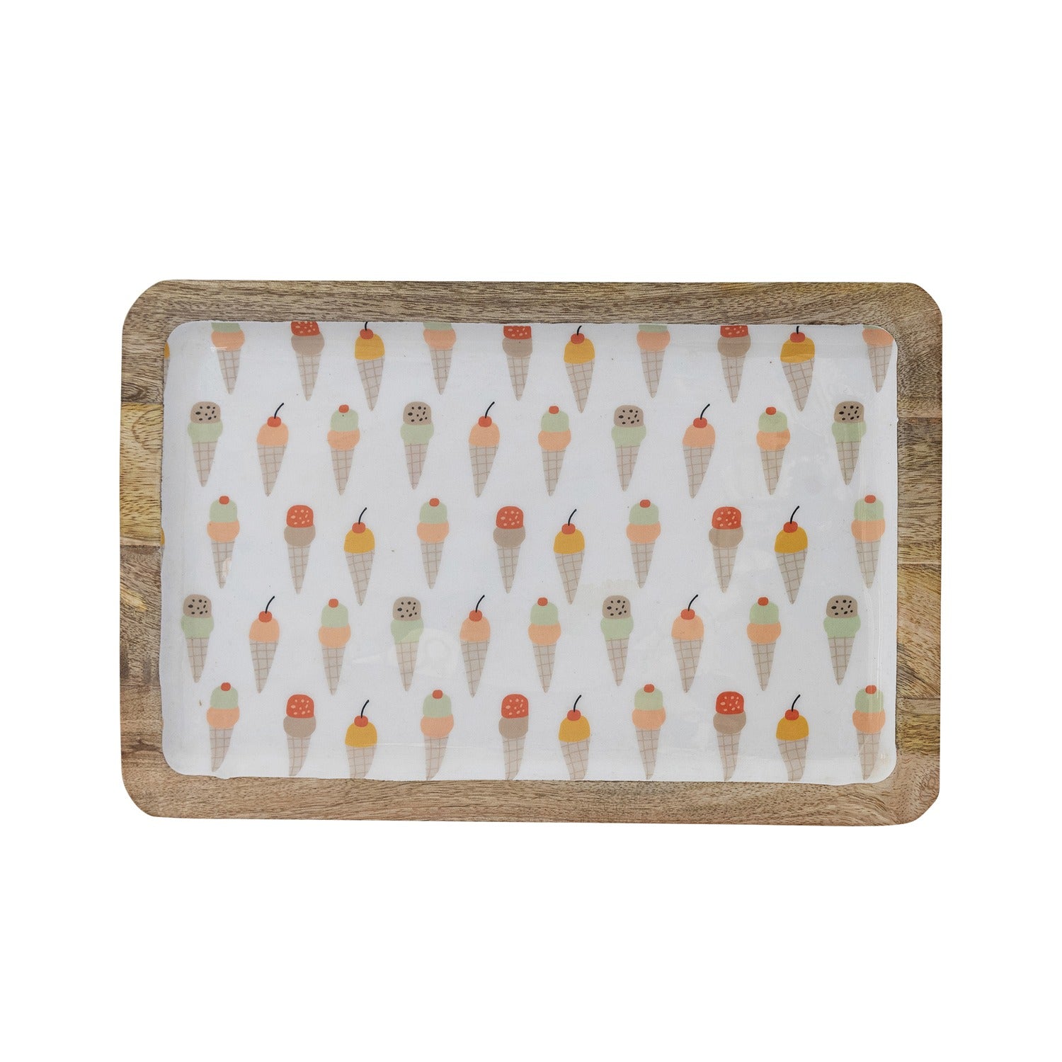 Wooden tray with a white mat featuring ice cream cone pattern on a white background