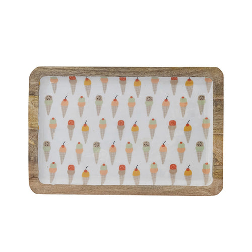 Wooden tray with a white mat featuring ice cream cone pattern on a white background