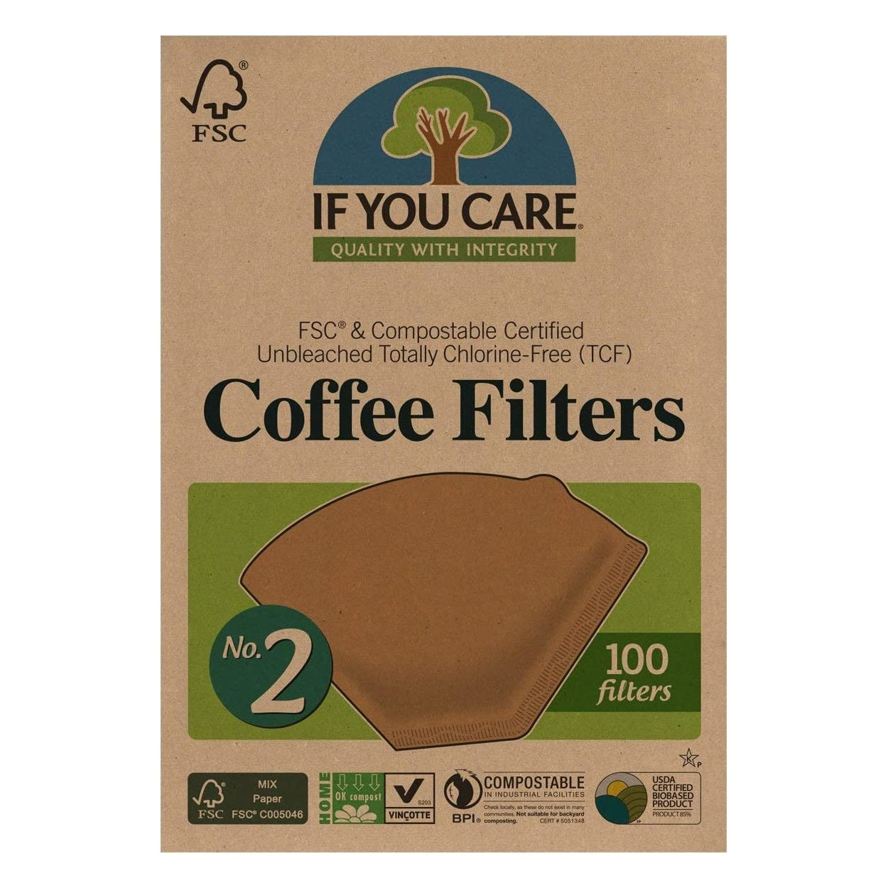 Packaging of If You Care Unbleached Coffee Filters with the FSC and Compostable certification logos, indicating the product is environmentally friendly.