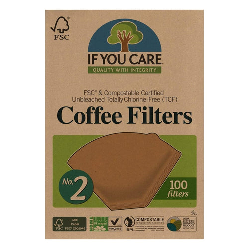 Packaging of If You Care Unbleached Coffee Filters with the FSC and Compostable certification logos, indicating the product is environmentally friendly.