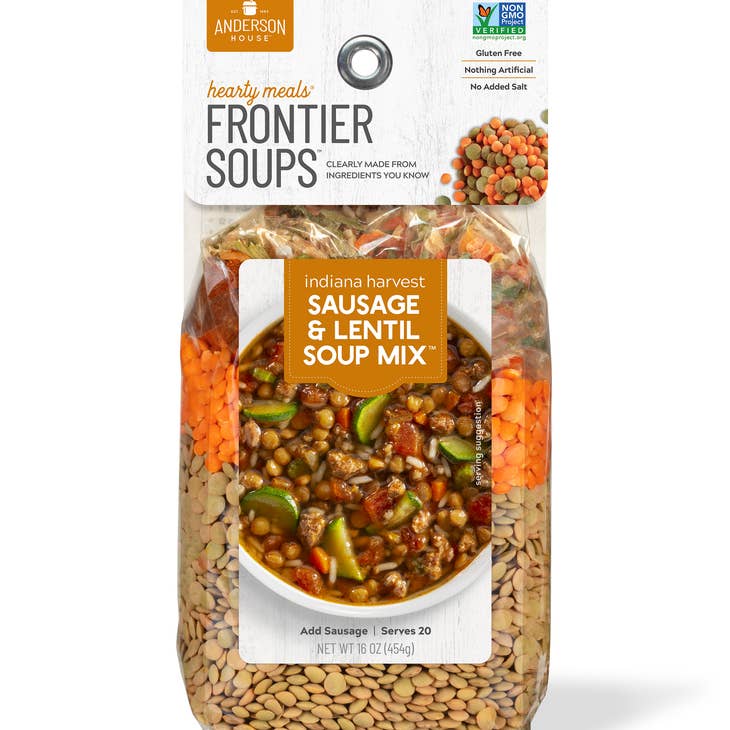 A bag of Frontier Soups Indiana Harvest Sausage & Lentil Soup Mix on a white background.