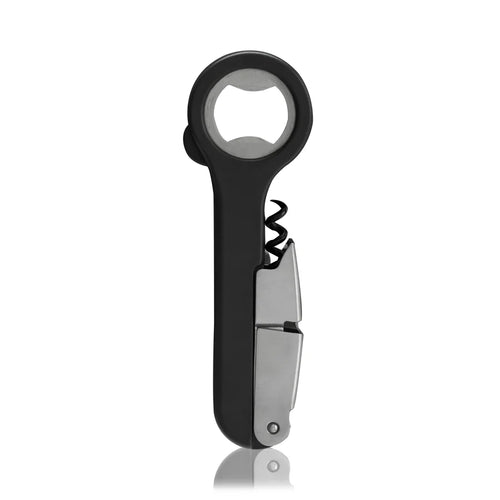 Black bottle opener with corkscrew on a white background