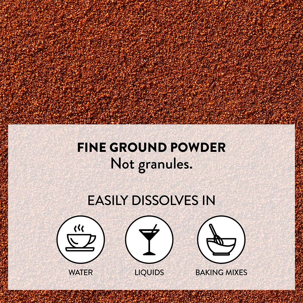 Text on a brown background describing fine ground powder and its dissolving properties.