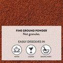 Text on a brown background describing fine ground powder and its dissolving properties.