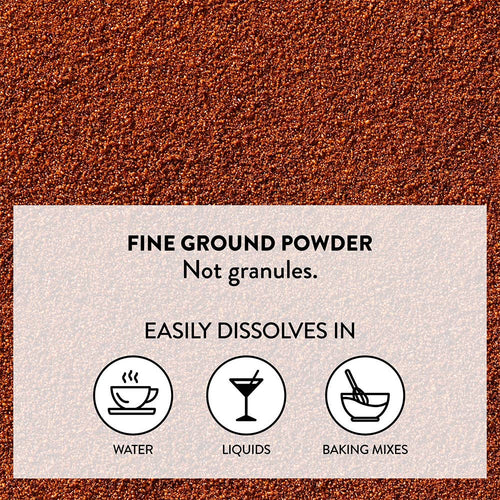 Text on a brown background describing fine ground powder and its dissolving properties.